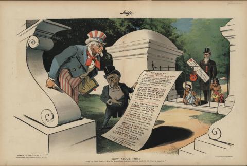 Small man in a tuxedo and tophat shows a large document to Uncle Sam.