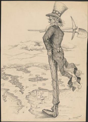Caricature of Uncle Sam standing tall by a Hawaiian map holding a pic and a shovel.