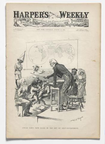 Uncle Sam figure beating an unruly class of children with a ruler.