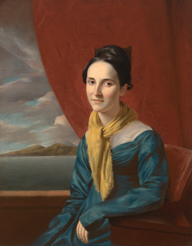 Oil painting of Harriet Bradford Tiffany Stewart sitting in chair facing forwards.