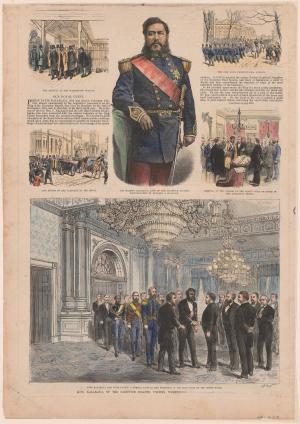 King in formal military regalia in page center. Surrounding the figure are 4 scenes from his life. Bottom half of the print features a palace with a man greeting guests
