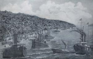 View of several battleships approaching a harbor and a heavily populated hillside.
