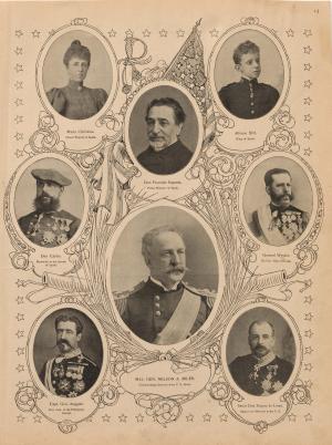 Print featuring 8 rondels with bust-length portraits of various individuals.