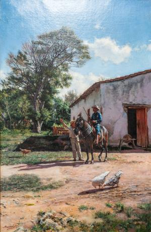 A soldier on horseback and a peasant speak in a barnyard. A barn, chickens and trees are featured in the background and foreground.