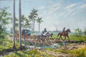 Tropical landscape with palm trees and a carriage pulled by white horses.