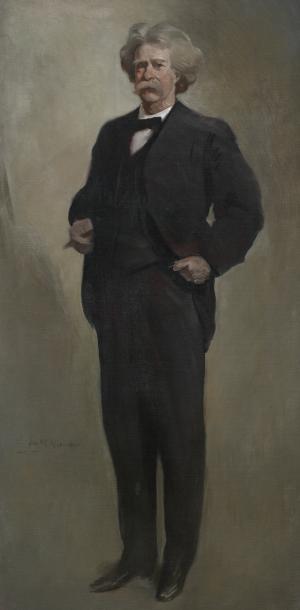  Full length painting of a man in a black suit and black bowtie. He as bushy gray hair and a moustache.