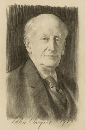 Bust length drawing of an older man in a dark suit.