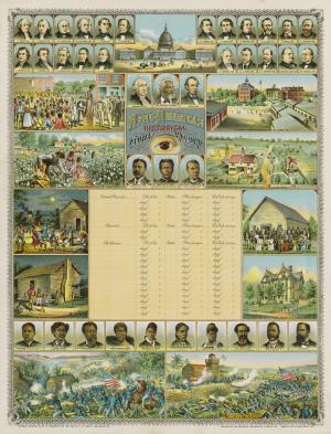 Detailed print of scenes from African American history as well as portraits of prominent individuals.