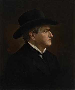 Bust-length painted profile portrait of a man. He wears a dark suit and dark top hat.