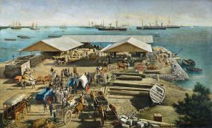 Seaside port with wagons and supplies on the dock. Ships are seen in the distance.