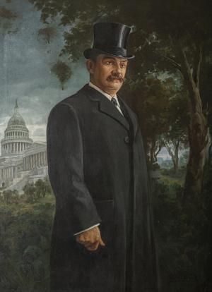 ¾ length view of a man in a formal long coat wearing a tophat. Trees and landscape are in the background.
