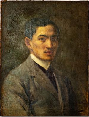 Bust length painting of a man in a brown suit. He has black hair and faces ¾ right.
