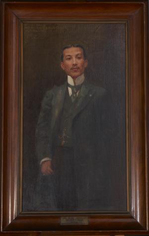 ¾ length painting of a young man in a gray 3-piece formal suit with a long coat.