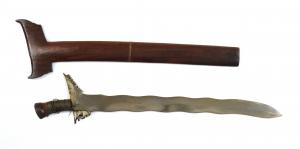 Long silver knife with wooden scabbard. 