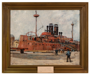 View of a red-painted battleship in a harbor. Two smokestacks visible.