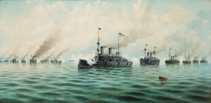 Oil painting depicting naval battle ships engaged in combat in Manila Bay