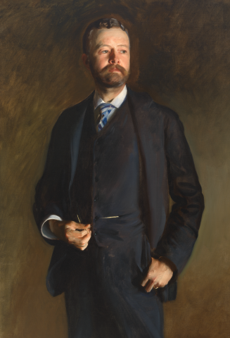 Three-quarter view of a man in a 3-piece suit. His hair is brown with a moustache and well-trimmed beard.