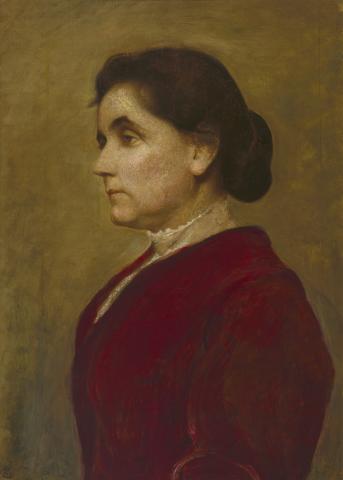 Bust length portrait of a dark-haired woman. She faces left and wears a red dress.