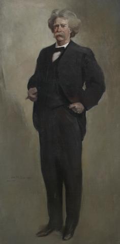 Full length painting of a man in a black suit and black bowtie. He as bushy gray hair and a moustache.