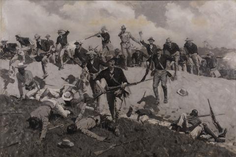 Troops charging over a hill with guns and bayonets, killing Filipinos..